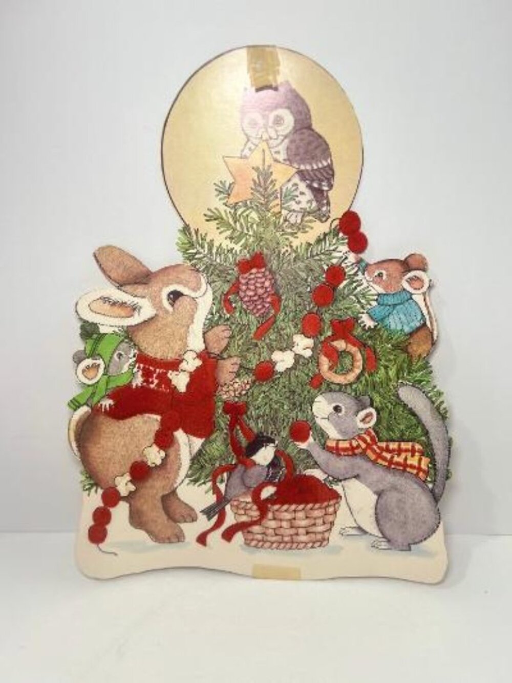 Cleo Flocked Christmas Holiday Die Cut Woodland Animals Tree Vintage Wall Decor